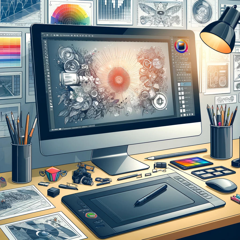 DALL·E 2024-04-06 02.55.33 - Design an image that highlights vector art services, showcasing an artist's workspace with a sleek, modern computer displaying a complex vector art pr