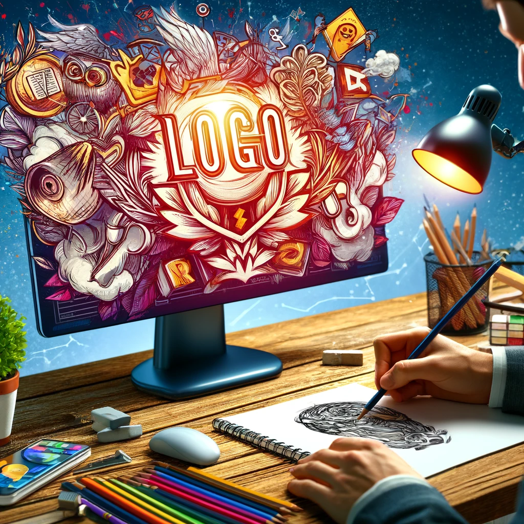 DALL·E 2024-04-06 02.56.50 - Illustrate an image that encapsulates logo designing services, showcasing a creative professional brainstorming and sketching initial logo concepts on